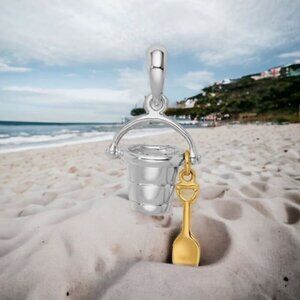 Closeout! Sterling Silver 3D Beach Bucket Charm Pendant 14k Gold Shovel Moveable